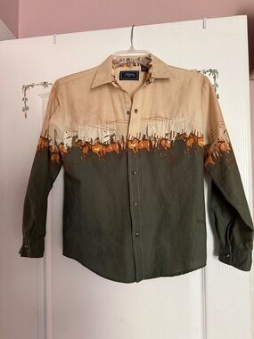Vintage Western Print Button-Up Shirt - Beige & Olive